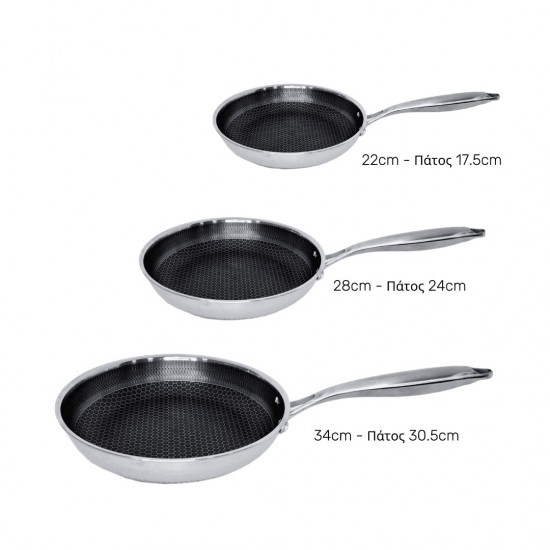 Σετ Τηγάνια 22cm,28cm & 34cm με Χερούλι Ανοξείδωτα με Αντιχαρακτική Επίστρωση Kissing the Kitchen