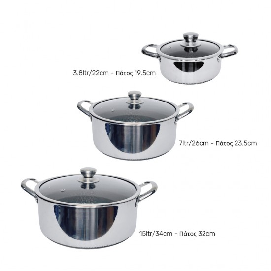 Σετ 3τμχ Ανοξείδωτες Κατσαρόλες 22cm, 26cm & 32cm με Αντιχαρακτική Επίστρωση Kissing the Kitchen
