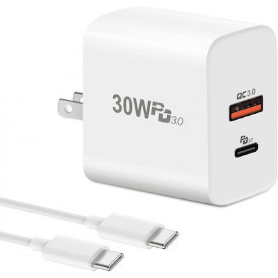 QIHANG QH-Z89-CC Φορτιστής με Θύρα USB-A και Θύρα USB-C και Καλώδιο USB-C 30W Power Delivery Λευκός