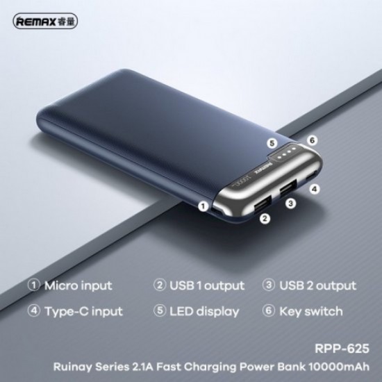 Remax RPP-625 Power Bank 10000mAh 15W με 2 Θύρες USB-A και Θύρα USB-C Power Delivery Μπλε