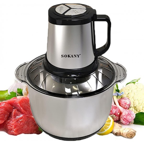 SOKANY 1500 W Electric Kitchen Chopper with 6.5 L Stainless Steel Bowl, Multi Chopper with 3 Speed Levels, Meat Grinder with 4 Blades for Meat, Onions, Fruit, Vegetables