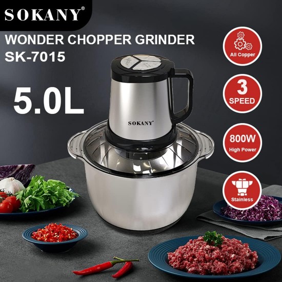 SOKANY 1500 W Electric Kitchen Chopper with 6.5 L Stainless Steel Bowl, Multi Chopper with 3 Speed Levels, Meat Grinder with 4 Blades for Meat, Onions, Fruit, Vegetables