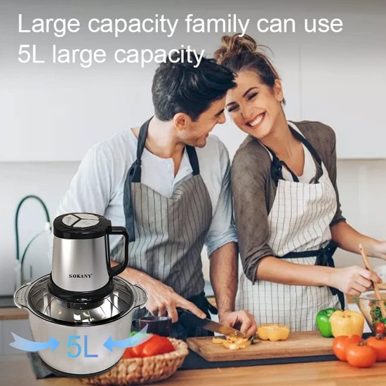 SOKANY 1500 W Electric Kitchen Chopper with 6.5 L Stainless Steel Bowl, Multi Chopper with 3 Speed Levels, Meat Grinder with 4 Blades for Meat, Onions, Fruit, Vegetables